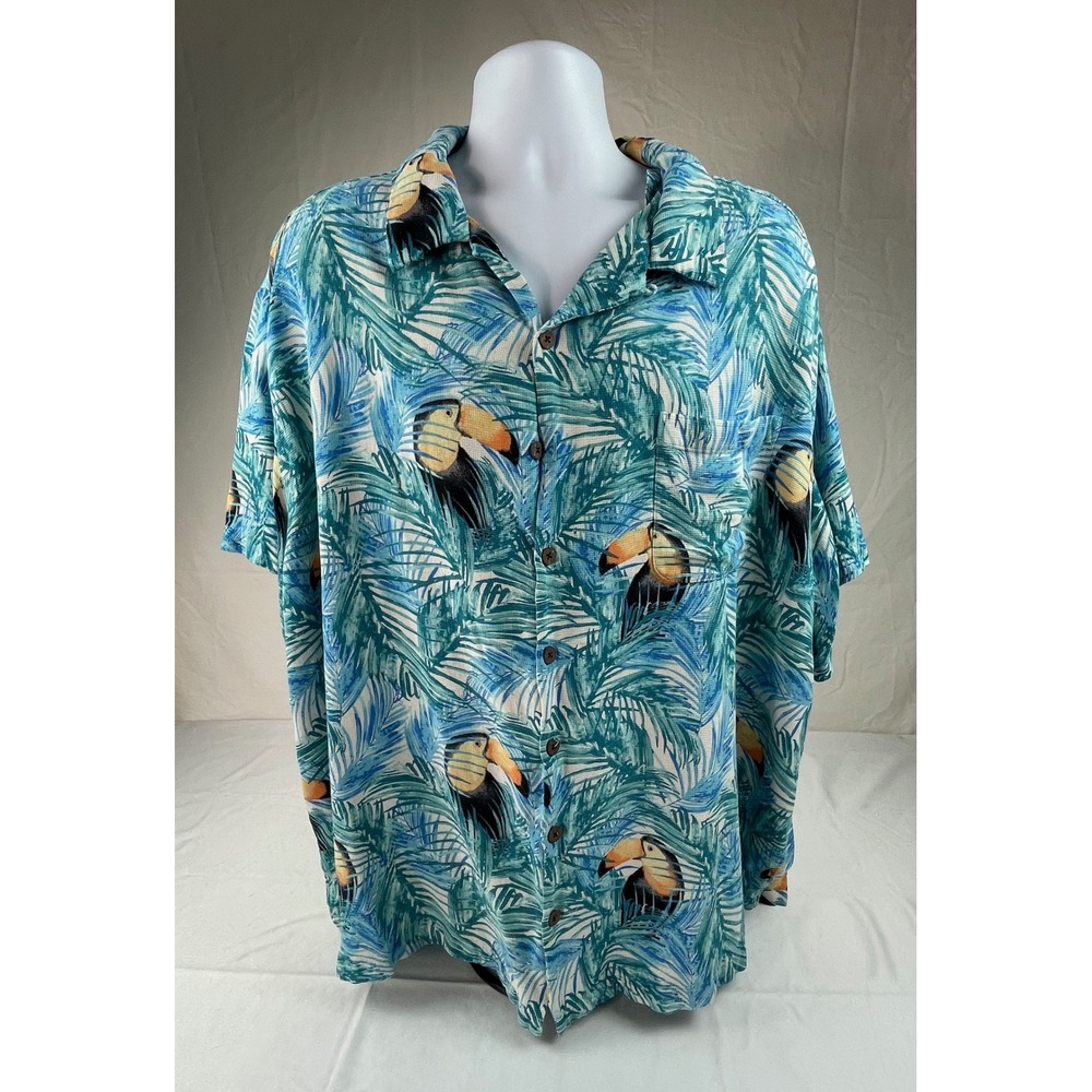 Caribbean Silk Blend Toucan Palm Leaf Tropical Button Down Shirt Mens 4XB Blue